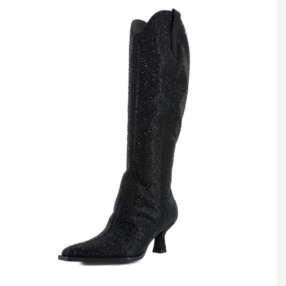 🔹️Dolce Vita Sparkling Ariana Crystal Black Wide Calf High Shaft Heeled  Boots - Picture 1 of 5